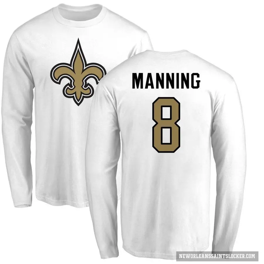 Men's ＃8 Archie Manning New Orleans Saints White Logo Long Sleeve T-Shirt