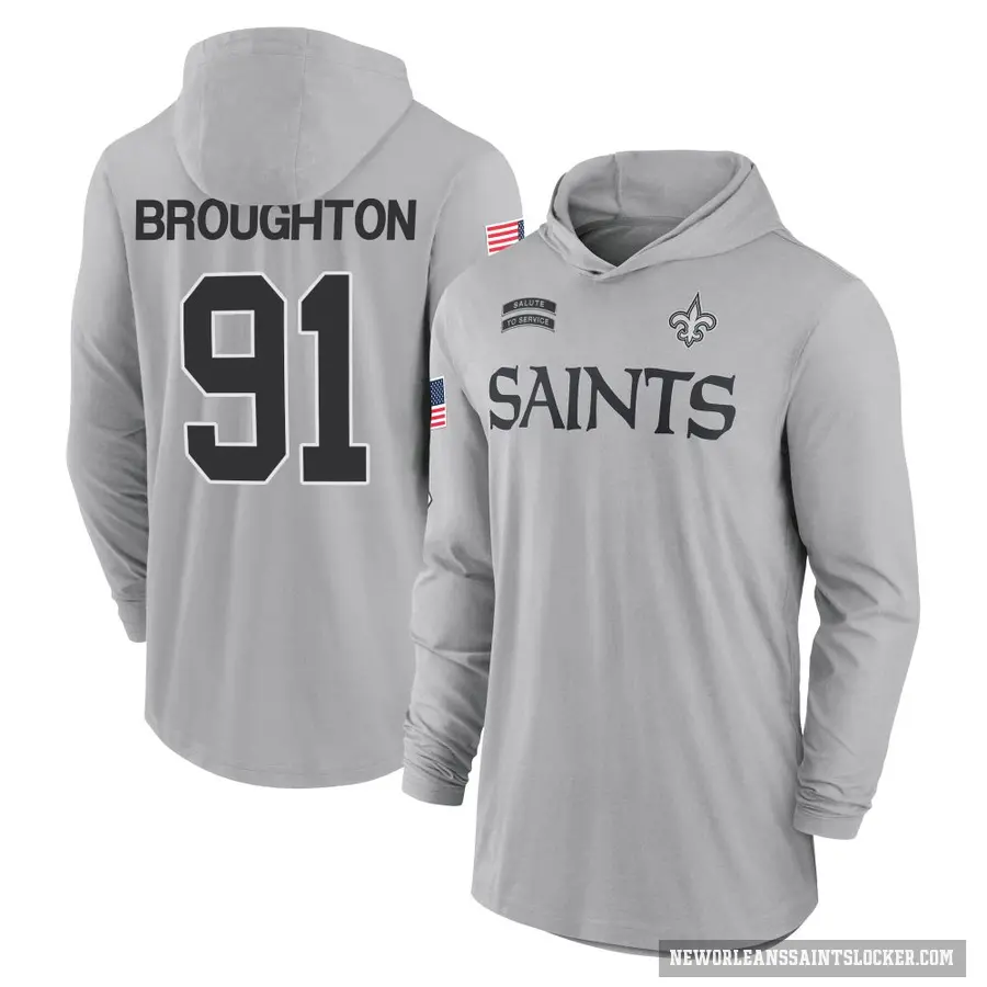 Men's ＃91 Vernon Broughton New Orleans Saints Gray 2024 Salute to Service Lightweight Performance Long Sleeve Hooded T-Shirt