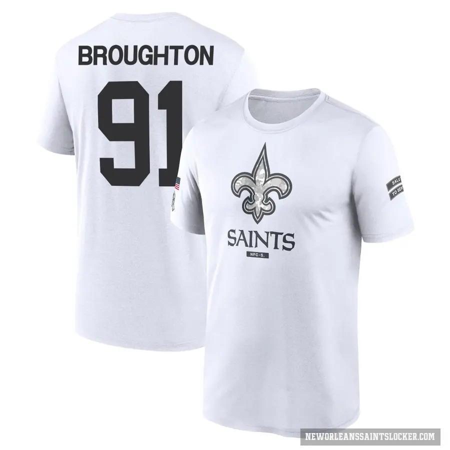 Men's ＃91 Vernon Broughton New Orleans Saints White 2024 Salute to Service Performance T-Shirt