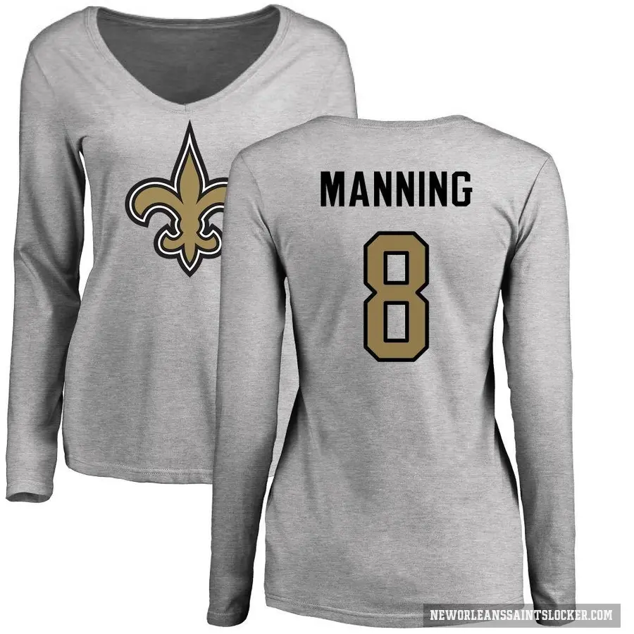 Women's ＃8 Archie Manning New Orleans Saints Ash Logo Slim Fit Long Sleeve T-Shirt