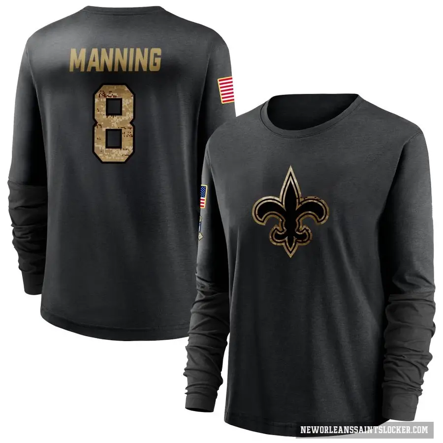 Women's ＃8 Archie Manning New Orleans Saints Black 2020 Salute To Service Sideline Performance Long Sleeve T-Shirt