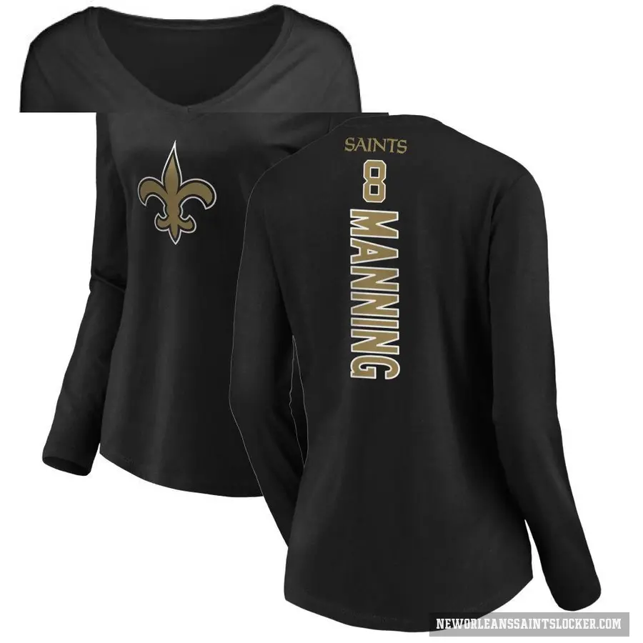 Women's ＃8 Archie Manning New Orleans Saints Black Backer Slim Fit Long Sleeve T-Shirt
