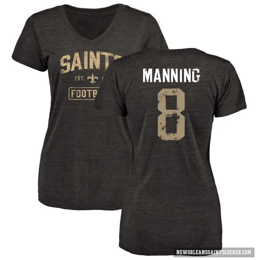 Women's ＃8 Archie Manning New Orleans Saints Black Distressed V-Neck T-Shirt