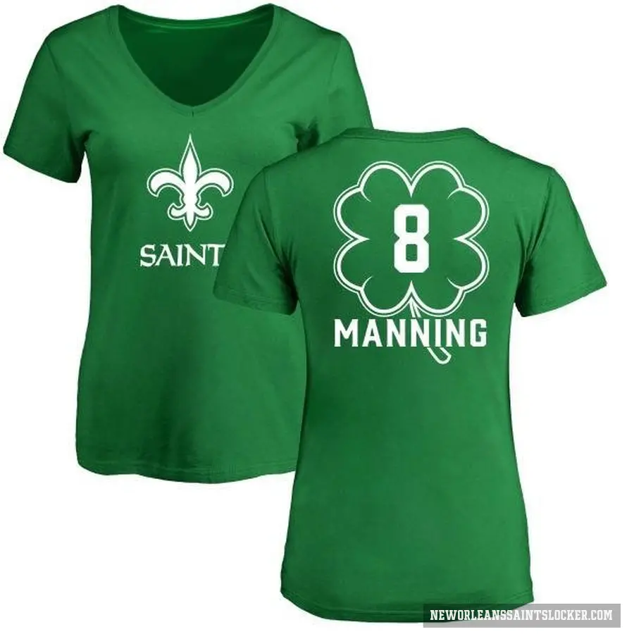 Women's ＃8 Archie Manning New Orleans Saints Green St. Patrick's Day V-Neck T-Shirt