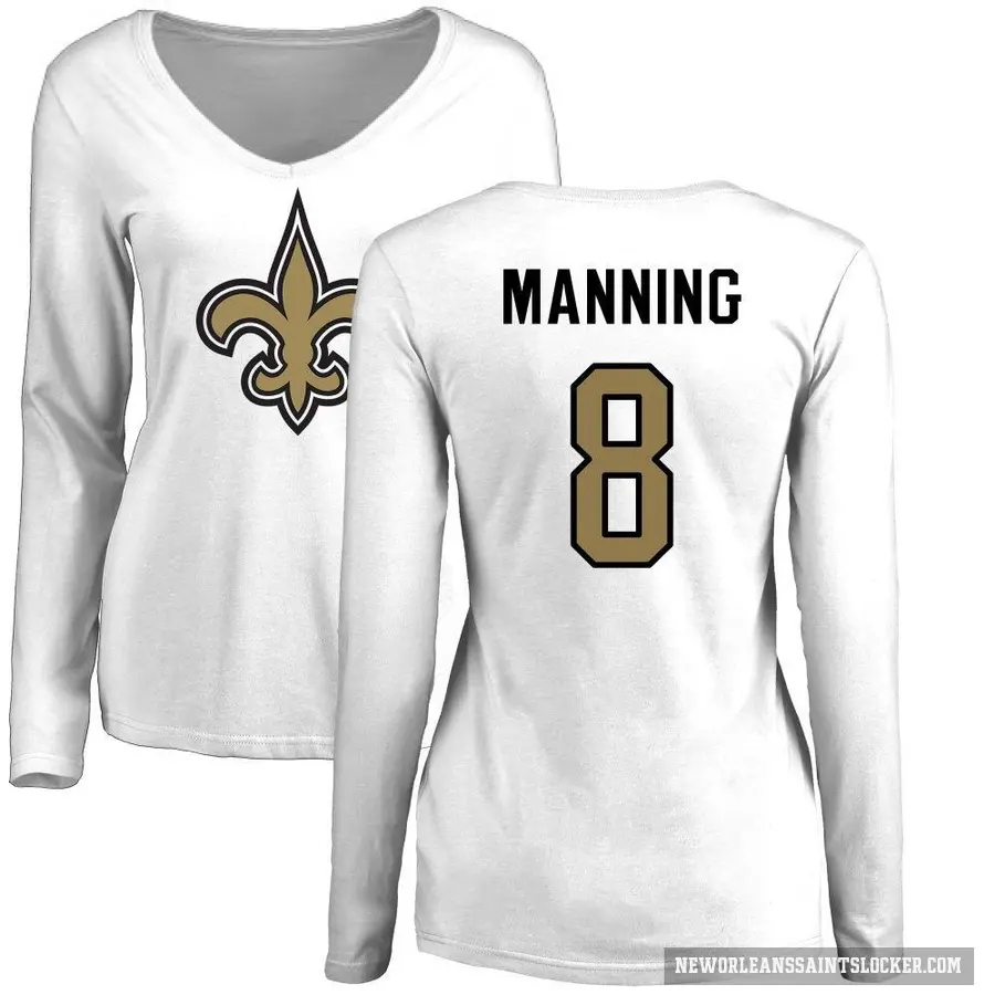 Women's ＃8 Archie Manning New Orleans Saints White Logo Slim Fit Long Sleeve T-Shirt