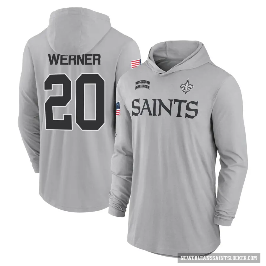 Youth ＃20 Pete Werner New Orleans Saints Gray 2024 Salute to Service Lightweight Performance Long Sleeve Hooded T-Shirt