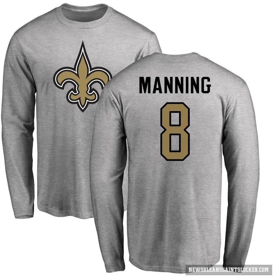 Youth ＃8 Archie Manning New Orleans Saints Ash Logo Long Sleeve T-Shirt