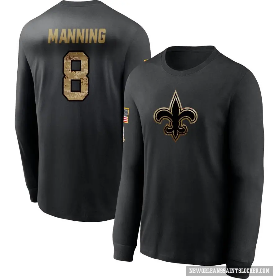 Youth ＃8 Archie Manning New Orleans Saints Black 2020 Salute To Service Sideline Performance Long Sleeve T-Shirt