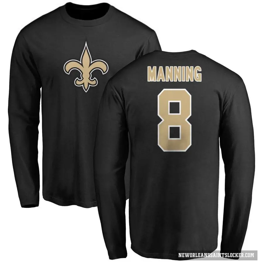 Youth ＃8 Archie Manning New Orleans Saints Black Logo Long Sleeve T-Shirt