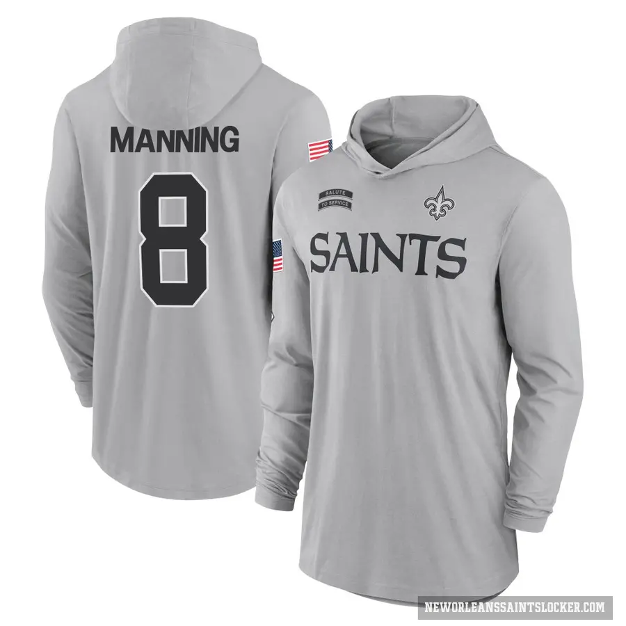 Youth ＃8 Archie Manning New Orleans Saints Gray 2024 Salute to Service Lightweight Performance Long Sleeve Hooded T-Shirt