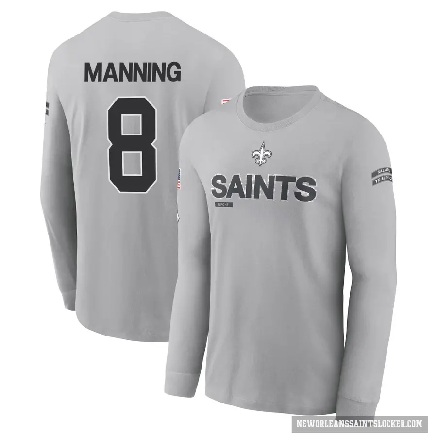 Youth ＃8 Archie Manning New Orleans Saints Gray 2024 Salute to Service Long Sleeve T-Shirt