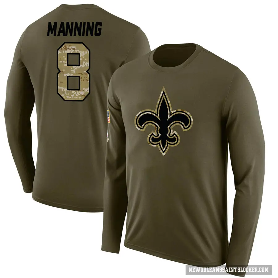 Youth ＃8 Archie Manning New Orleans Saints Olive Salute to Service Sideline Long Sleeve T-Shirt