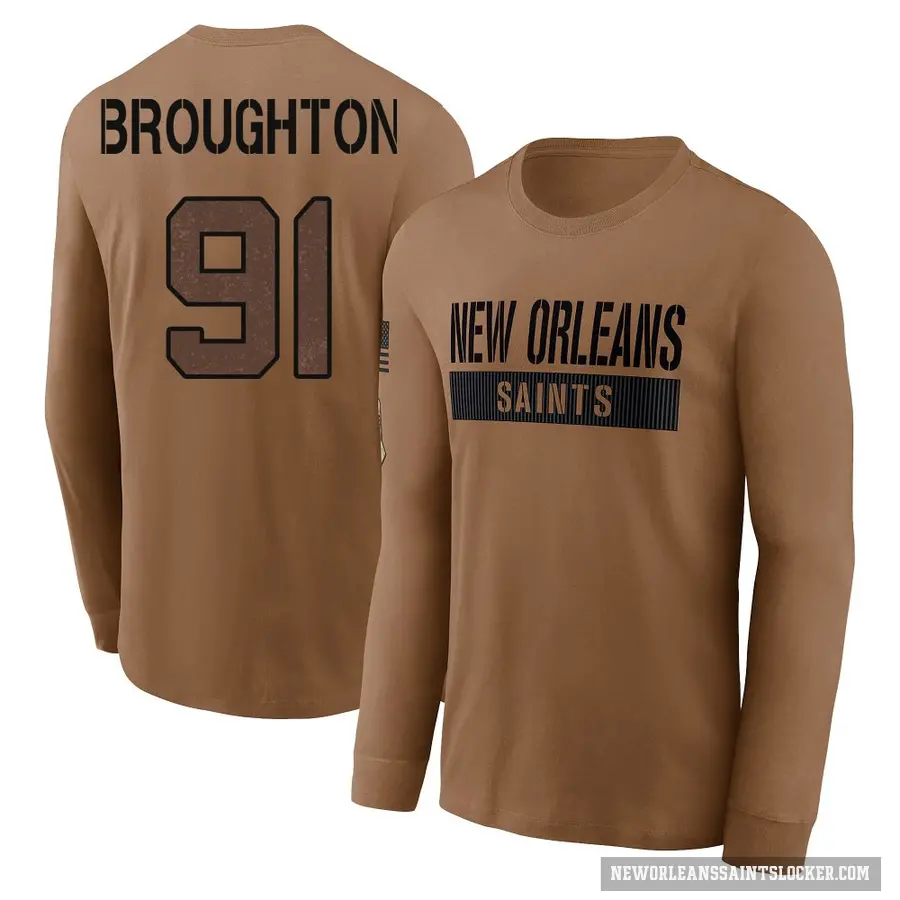 Youth ＃91 Vernon Broughton New Orleans Saints Brown 2023 Salute To Service Long Sleeve T-Shirt