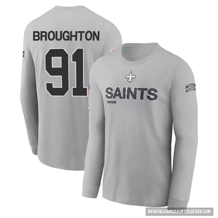 Youth ＃91 Vernon Broughton New Orleans Saints Gray 2024 Salute to Service Long Sleeve T-Shirt
